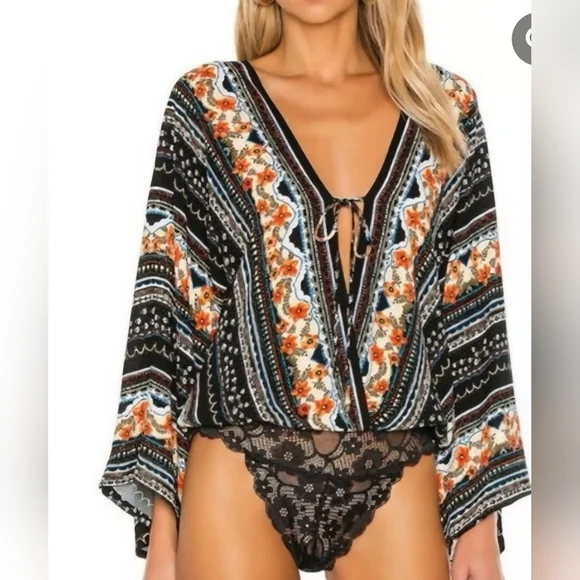 Free People Intimately For You Black Multicolor Boho Lace Bodysuit - Picture 2 of 7